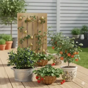 Gesunder Beerenstrauch im großen Topf auf einer sonnigen Terrasse als platzsparende Obstpflanze für kleinen Garten