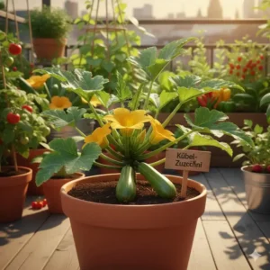 Kompakte Kübelzucchini wachsen auf dem Balkon und liefern eine reiche Ernte im Hochsommer.
