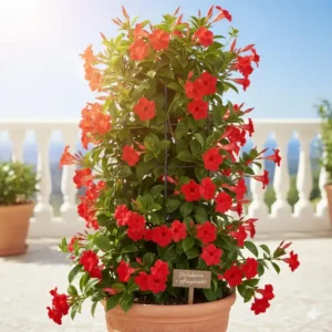 Rot blühende Dipladenia (pflegeleichte terrassenpflanzen kaufen) – die ideale, trockenheitsresistente Kübelpflanze.