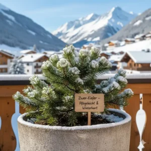 Eine schneebedeckte Zwergkiefer, eine robuste Option als winterharte balkonpflanzen für ganzes jahr.