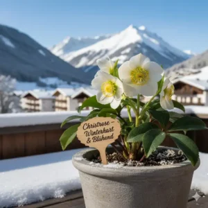 Die blühende Christrose im Topf, eine der schönsten winterharte balkonpflanzen für ganzes jahr.