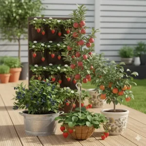 Vertikales Beet mit Hänge-Erdbeeren für maximale Ernte von Obstpflanzen für kleinen Garten
