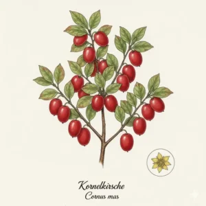 Die leuchtend roten Kornelkirschen an den Zweigen; robuste Sträucher mit Früchten für Garten für Marmelade.