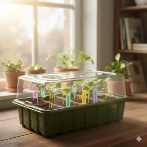 Mini-Gewächshaus-Haube aus dem gemüsepflanzen starter set amazon zum Schutz der Keimlinge.