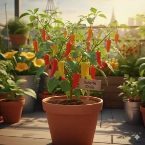 Bunte und scharfe Chilischoten, die sich hervorragend als Gemüsepflanzen für sonnige Balkone eignen.
