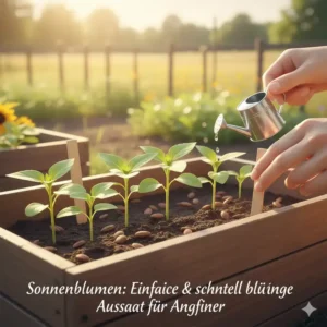 Junge Sonnenblumen-Setzlinge, ideal zum Aussäen und ein einfaches Beispiel für schnell blühende gartenpflanzen für anfänger.