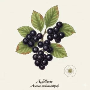 Gesunde, schwarze Apfelbeeren (Aronia); Wildobst-Sträucher mit Früchten für Garten mit hohem Gesundheitswert.