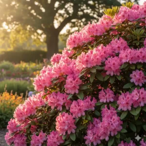 Großblättriger Rhododendron als immergrüne sträucher mit schönen blüten für garten.