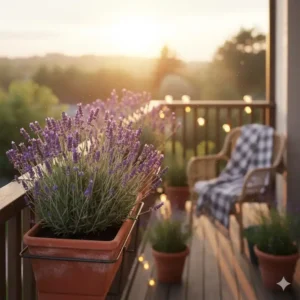 Ein Lavendel in einem Blumenkasten, der auch in den späten abendstunden seinen beruhigenden Duft verbreitet.