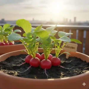 Schnelle Ernte von knackigen Radieschen, ideal für den zeitigen Gemüseanbau auf dem Balkon.