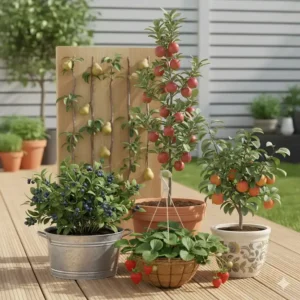 Flaches Spalierobst (Birne) entlang einer sonnigen Hauswand zur platzsparenden Kultivierung von Obstpflanzen für kleinen Garten