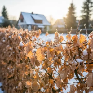 Die im Winter haftenden, goldbraunen Blätter der Hainbuche, eine heimische winterharte heckenpflanzen für deutschland.