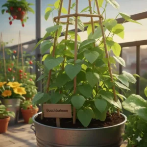Buschbohnen ranken an einer kleinen Stütze – platzsparende, vertikale Gemüsepflanze für den Balkon.