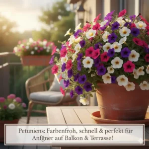 Farbenfrohe Petunien im Topf auf dem Balkon, eine ausgezeichnete Wahl als schnell blühende gartenpflanzen für anfänger.