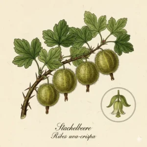 Grüne, haarige Stachelbeeren an einem dornigen Strauch; traditionelle Sträucher mit Früchten für Garten.