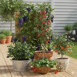 Kletternde Weintrauben an einem stabilen Rankgitter zur Nutzung vertikaler Flächen als Obstpflanzen für kleinen Garten