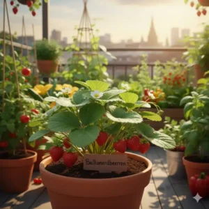 Süße Balkonerdbeeren in einem Topf – eine beliebte und pflegeleichte Ergänzung zu den Gemüsepflanzen.