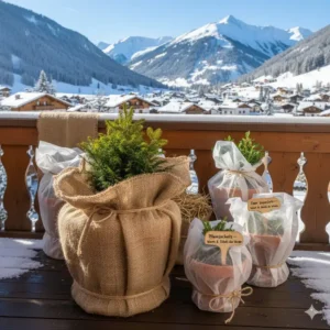 Balkonpflanzen eingepackt mit Vlies zum Schutz der winterharte balkonpflanzen für ganzes jahr.