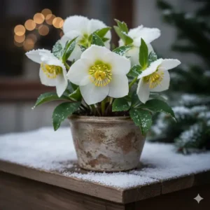 Nahaufnahme einer Christrose (Helleborus niger), eine winterharte gartenpflanze im topf, mit weißen Blüten im Winter.