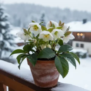 Nahaufnahme einer blühenden Christrose (Helleborus), eine der besten winterharte balkonpflanzen für minusgrade