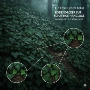 Immergrüner Efeu als robuster Bodendecker pflanzen für hanglage im Schatten mit tiefen Wurzeln zur Hangbefestigung.