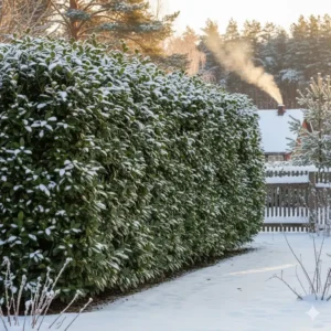 Dichte, robuste Hecke aus Kirschlorbeer als winterharte immergrüne gartenpflanzen im Sichtschutz.