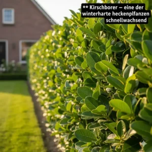 Kirschlorbeer (Prunus laurocerasus) mit glänzenden Blättern, eine der winterharte heckenpflanzen schnellwachsend