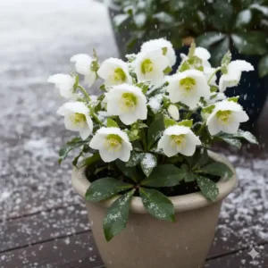 Blühende Christrose (Helleborus) im frostfesten Kübel, eine der besten winterharte kübelpflanzen amazon Optionen.