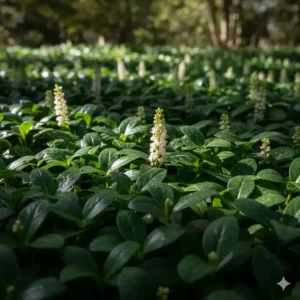 Immergrünes Dickmännchen (Pachysandra) im Frühling, ein zuverlässiger der blühende bodendecker für schatten.