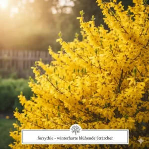 Leuchtend gelbe Forsythie im Frühling, einer der ersten winterharte blühende Sträucher kaufen; pflegeleicht