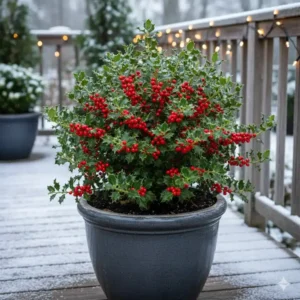 Immergrüne Stechpalme (Ilex) mit roten Beeren als winterharte gartenpflanze im topf.