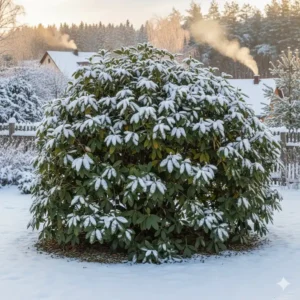 Großblättriger Rhododendron als widerstandsfähige winterharte immergrüne gartenpflanzen im Halbschatten.