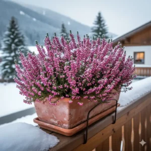 Schneeheide (Erica carnea) in einem Topf, eine farbenfrohe und frostresistente winterharte balkonpflanzen für minusgrade
