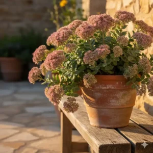 Pflegeleichte Fetthenne (Sedum) als winterharte gartenpflanze im topf für sonnige Standorte.