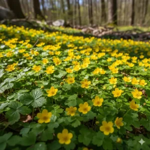 Die gelben Blüten der Teppich-Golderdbeere (Waldsteinia), ein robuster der blühende bodendecker für schatten.