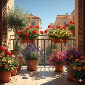 Bunte mediterrane blühende balkonpflanzen im topf auf dem Südbalkon.