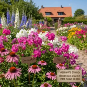 Farbenfrohe Sommerstauden in voller Blüte, die als robuste winterharte stauden für garten kaufen bestellt werden können