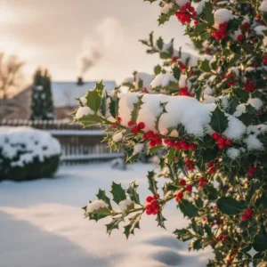 Dekorative Stechpalme (Ilex) mit roten Beeren – typische winterharte immergrüne gartenpflanzen im Winter.