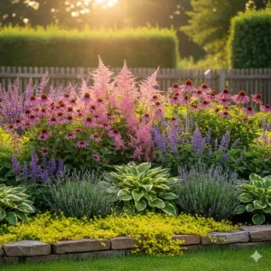 Ein pflegeleichtes Staudenbeet mit verschiedenen pflegeleichte winterharte gartenpflanzen in voller Blüte.