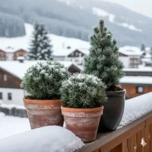 Immergrüne Zwergkoniferen im Kübel, beliebte winterharte balkonpflanzen für minusgrade