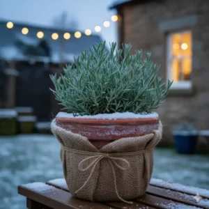 Echter Lavendel (Lavandula angustifolia) im Kübel, eine winterharte gartenpflanze im topf, bereit zum Überwintern.