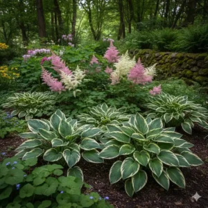 Hosta und Astilbe, zwei Arten von Schattenpflanzen, die ebenfalls pflegeleichte stauden für garten kaufen sind.