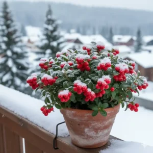 Scheinbeere (Gaultheria procumbens) mit roten Beeren, eine dekorative winterharte balkonpflanzen für minusgrade