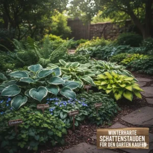 Schattengarten mit Funkien (Hosta); diese winterharte stauden für garten kaufen gedeihen auch an dunkleren Standorten