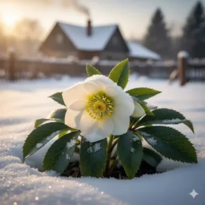 Christrose mit weißen Blüten und Laub: eine der wenigen blühenden winterharte immergrüne gartenpflanzen im Schnee.