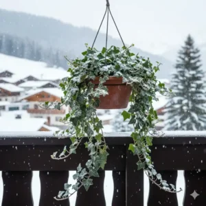 Hängender Efeu (Hedera helix) in einer Ampel, eine pflegeleichte und robuste winterharte balkonpflanzen für minusgrade