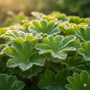 Alchemilla Mollis (Frauenmantel) with dewy leaves, a beautiful and robust choice of winterharte stauden für kleinen garten.