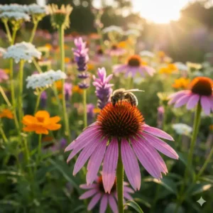 Eine Biene auf einer Blüte, die staudenbeete anlegen ideen und pflanzen zur Förderung von Insekten zeigt.