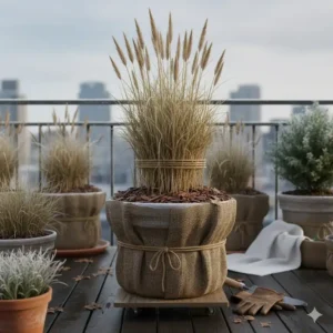 Schutzmaßnahmen zur Überwinterung von Ziergräser für Balkon und Terrasse.