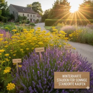 Lavendel und Schafgarbe auf einem sonnigen Beet; beliebte winterharte stauden für garten kaufen